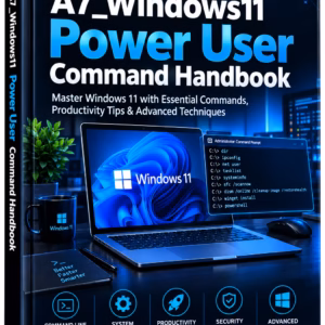 A7 Windows 11 Power User Command Handbook ebook cover by Security Hunters featuring Windows 11 commands, system administration, productivity tips, and security techniques.
