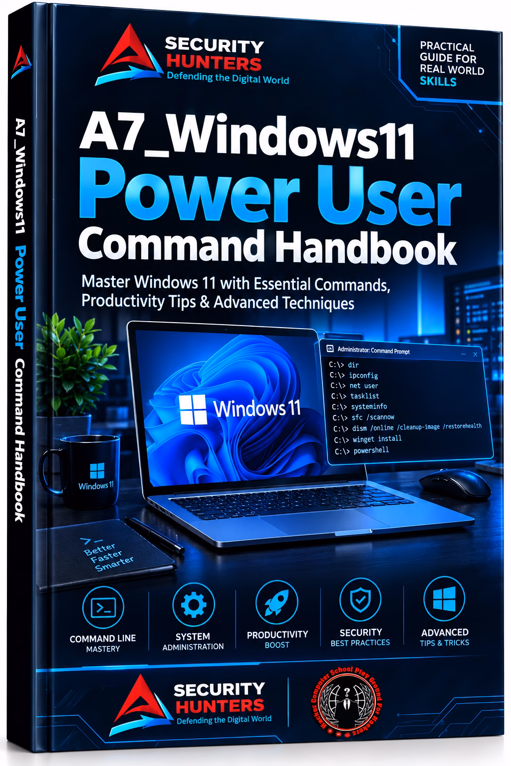 A7 Windows 11 Power User Command Handbook ebook cover by Security Hunters featuring Windows 11 commands, system administration, productivity tips, and security techniques.